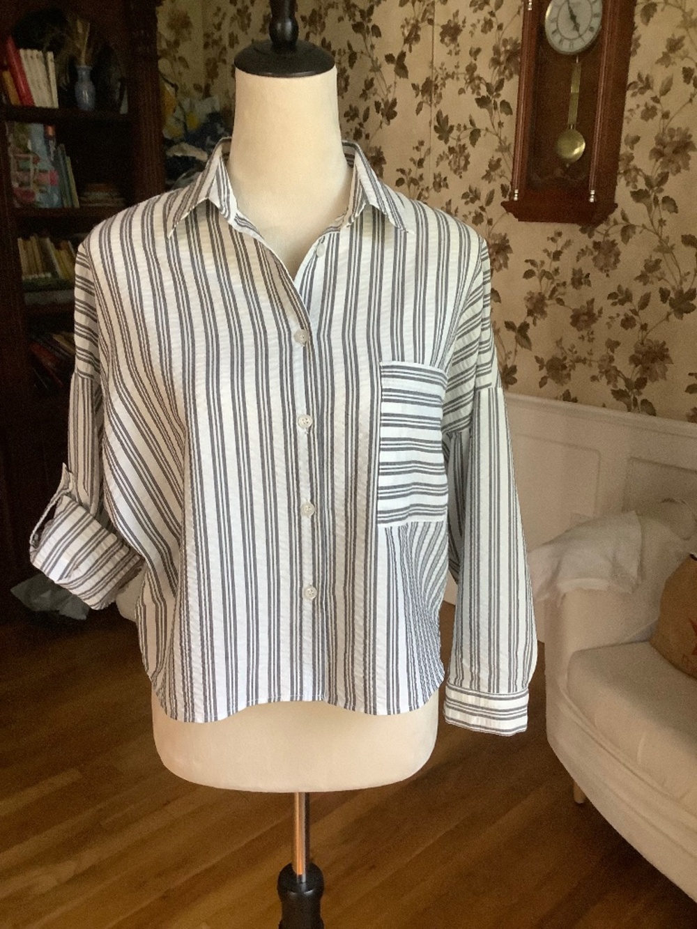Amber Crop 3/4 Roll-Up Sleeve Button Down Shirt Cotton Blend Size L